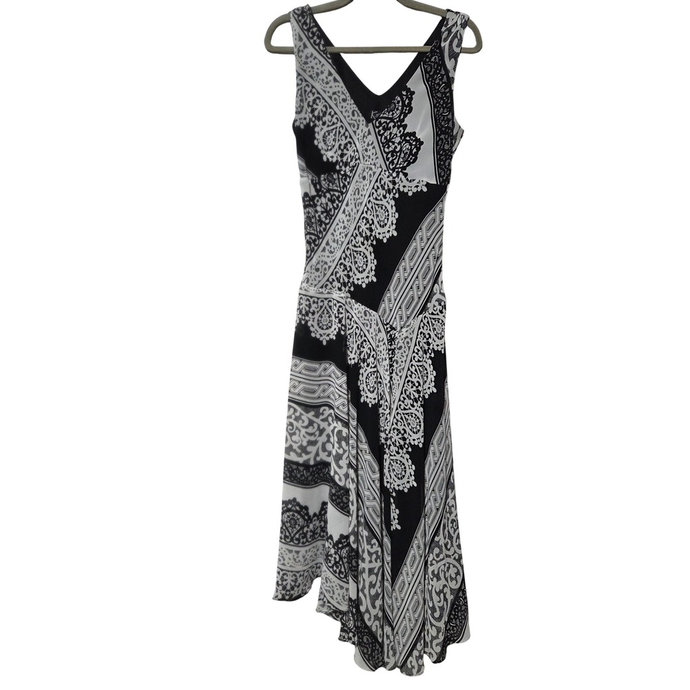 K Studio Collection Black White Geometric Lace Print Handkerchief Hem Dress 8